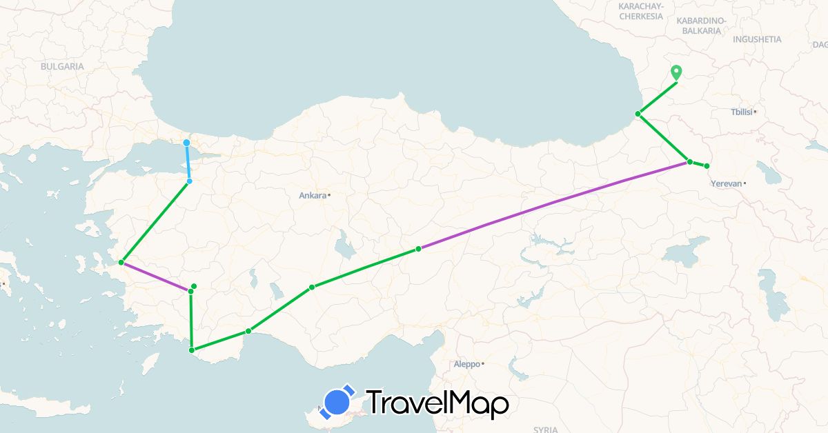 TravelMap itinerary: driving, bus, train, boat in Georgia, Turkey (Asia)